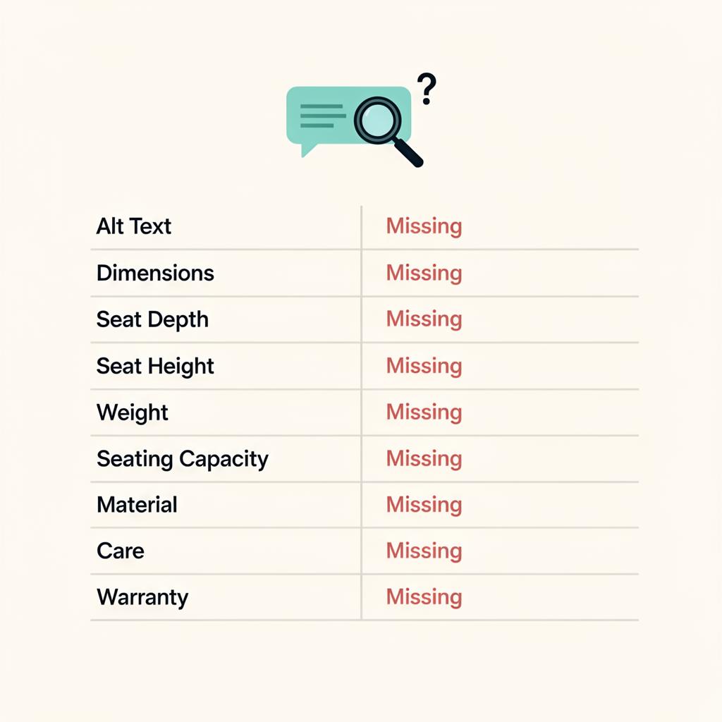 AI assistant scanning a furniture product page with most attributes marked as missing