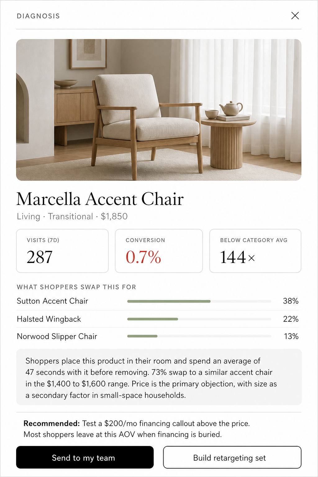 Product diagnosis panel for Marcella Accent Chair